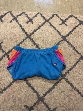 AVIATOR NATION Blue Terry Cloth Athletic Shorts with Multicolor Trim